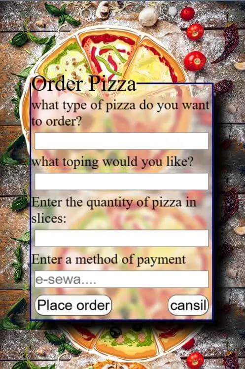 pizza order form for mobile.